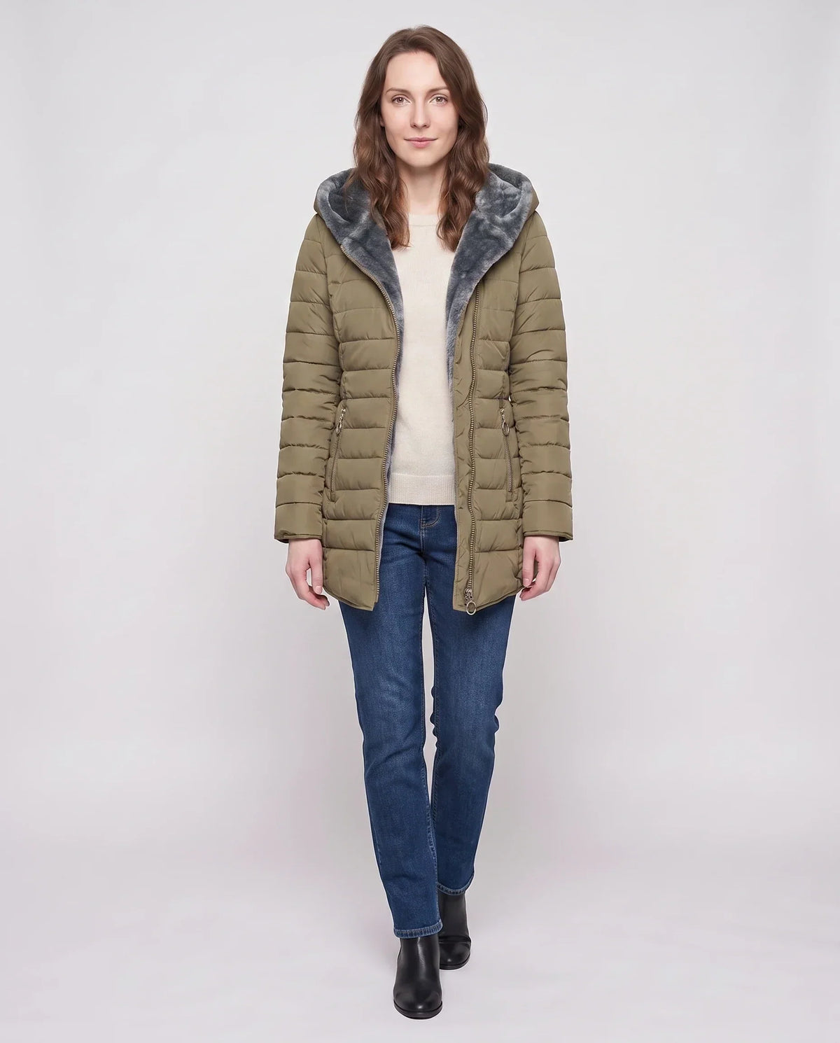 Mid-Length Fleece-Lined Puffer Jacket with Hood