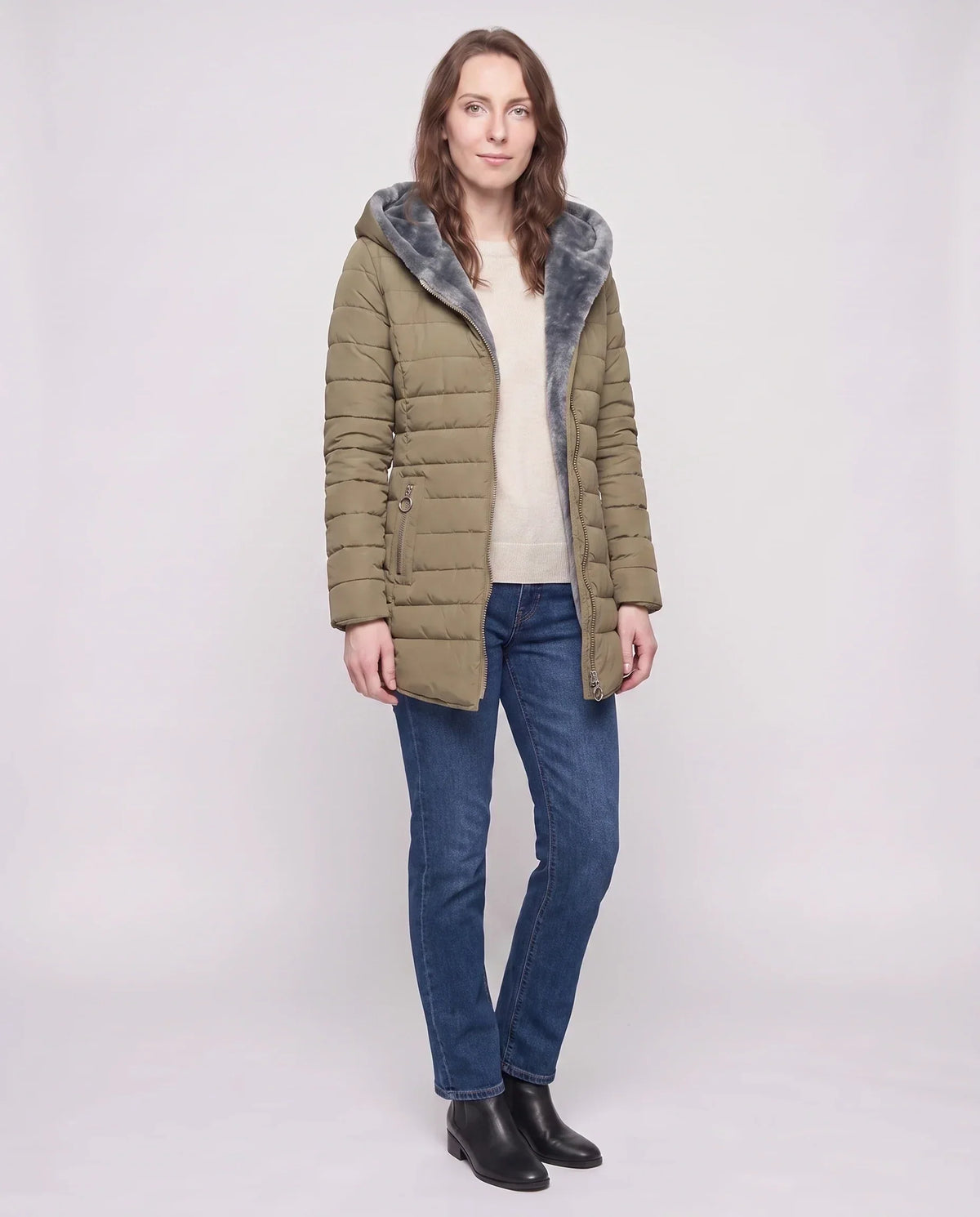 Mid-Length Fleece-Lined Puffer Jacket with Hood