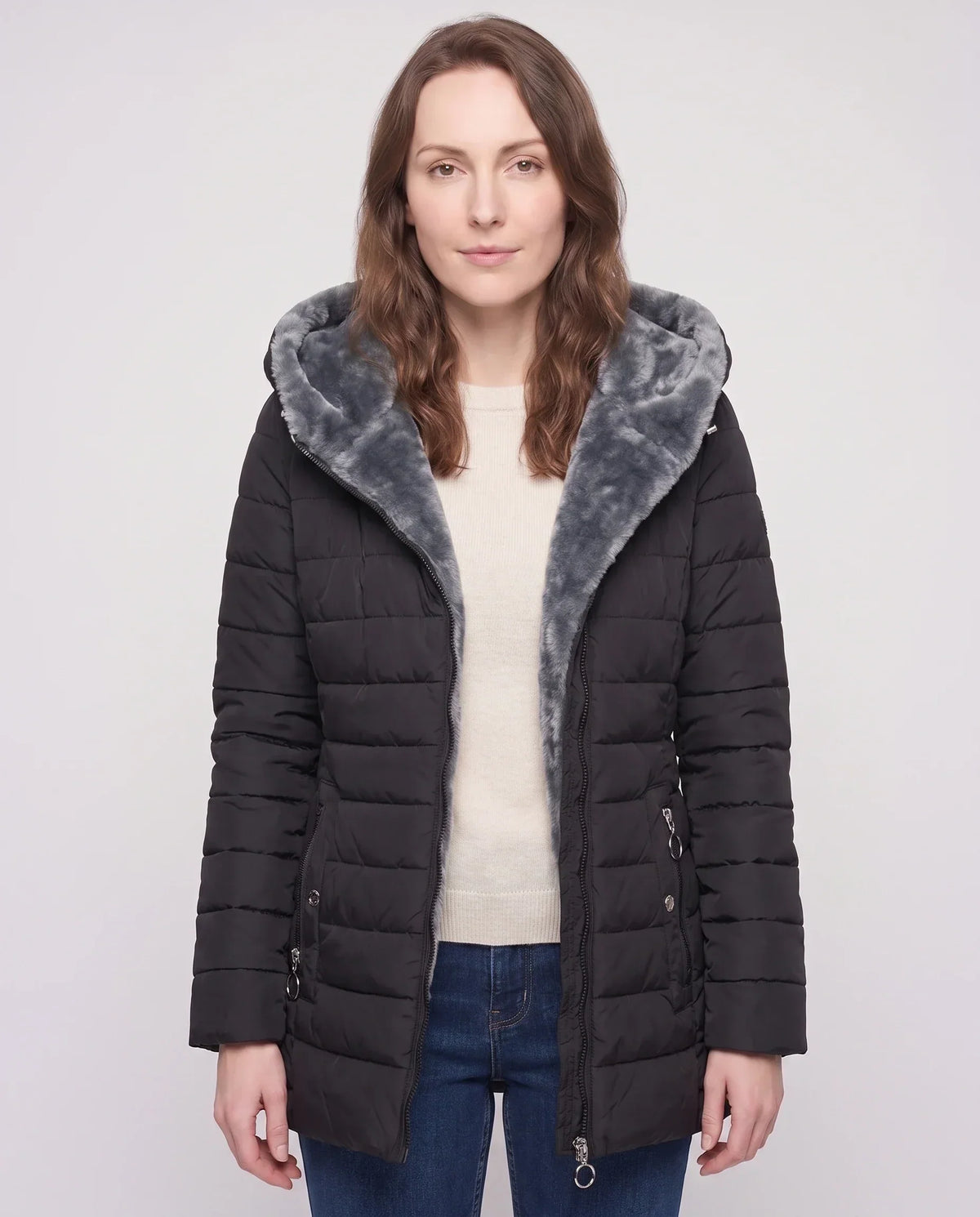 Mid-Length Fleece-Lined Puffer Jacket with Hood
