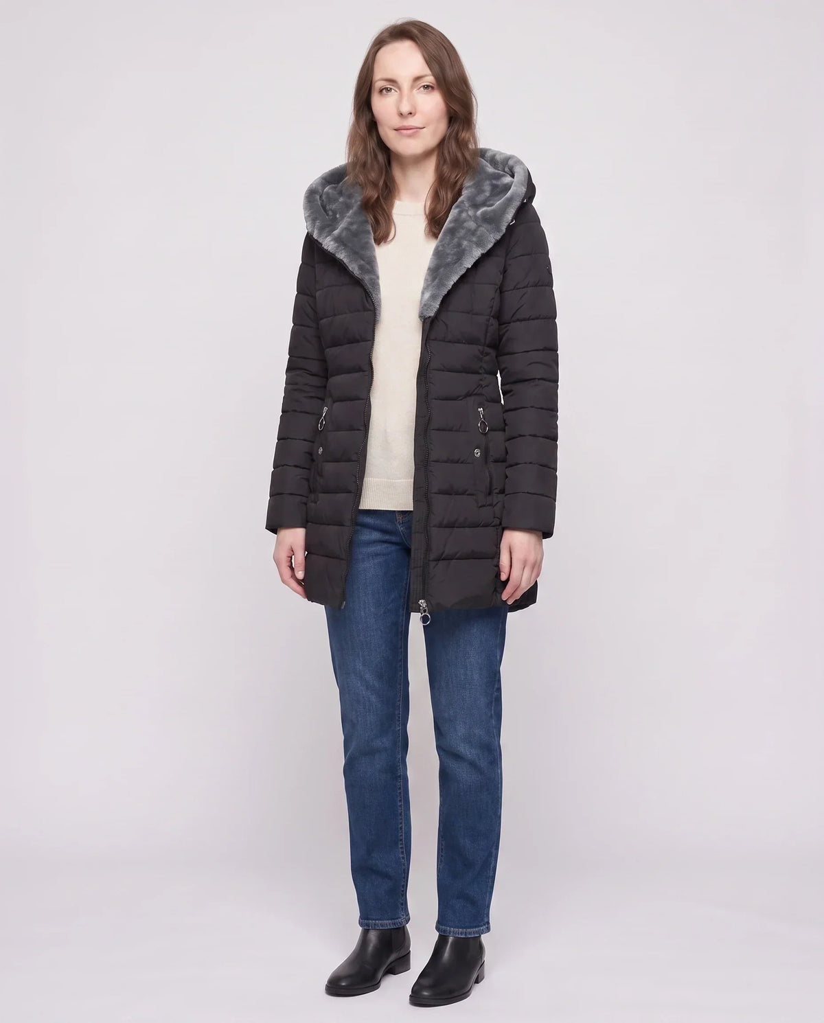 Mid-Length Fleece-Lined Puffer Jacket with Hood