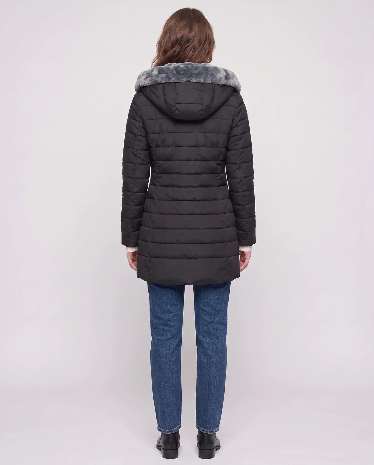 Mid-Length Fleece-Lined Puffer Jacket with Hood