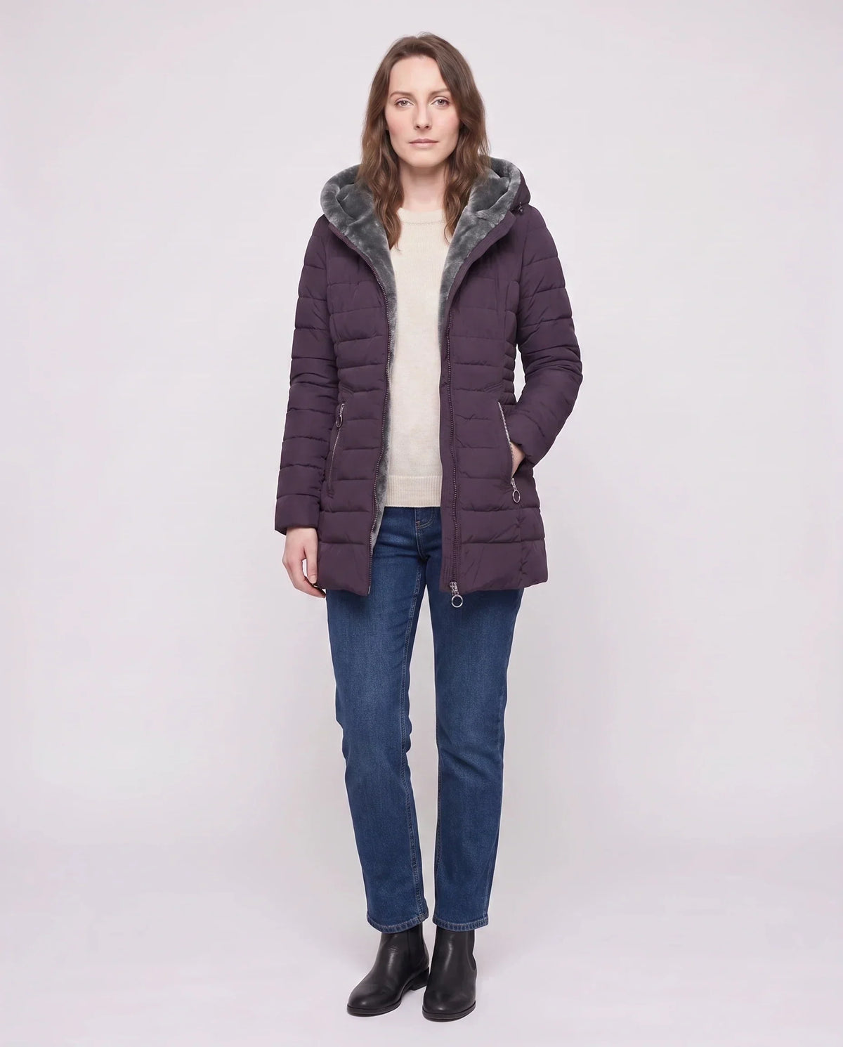 Mid-Length Fleece-Lined Puffer Jacket with Hood