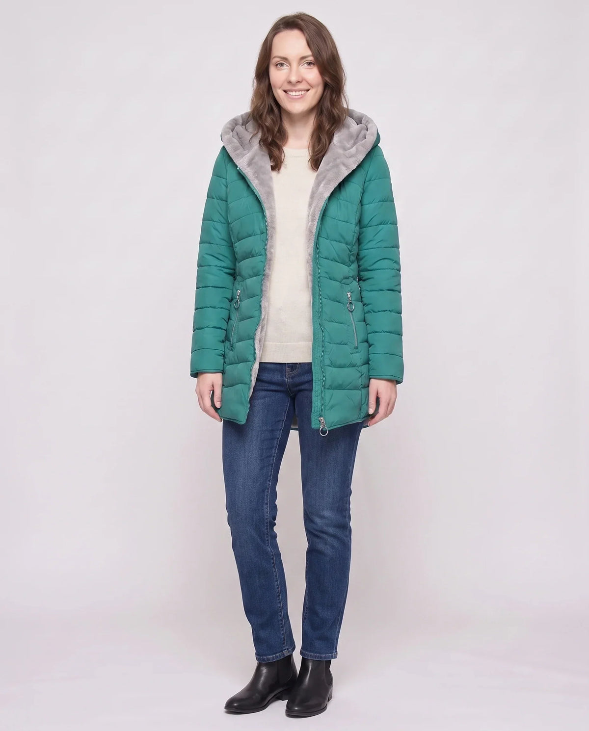 Mid-Length Fleece-Lined Puffer Jacket with Hood