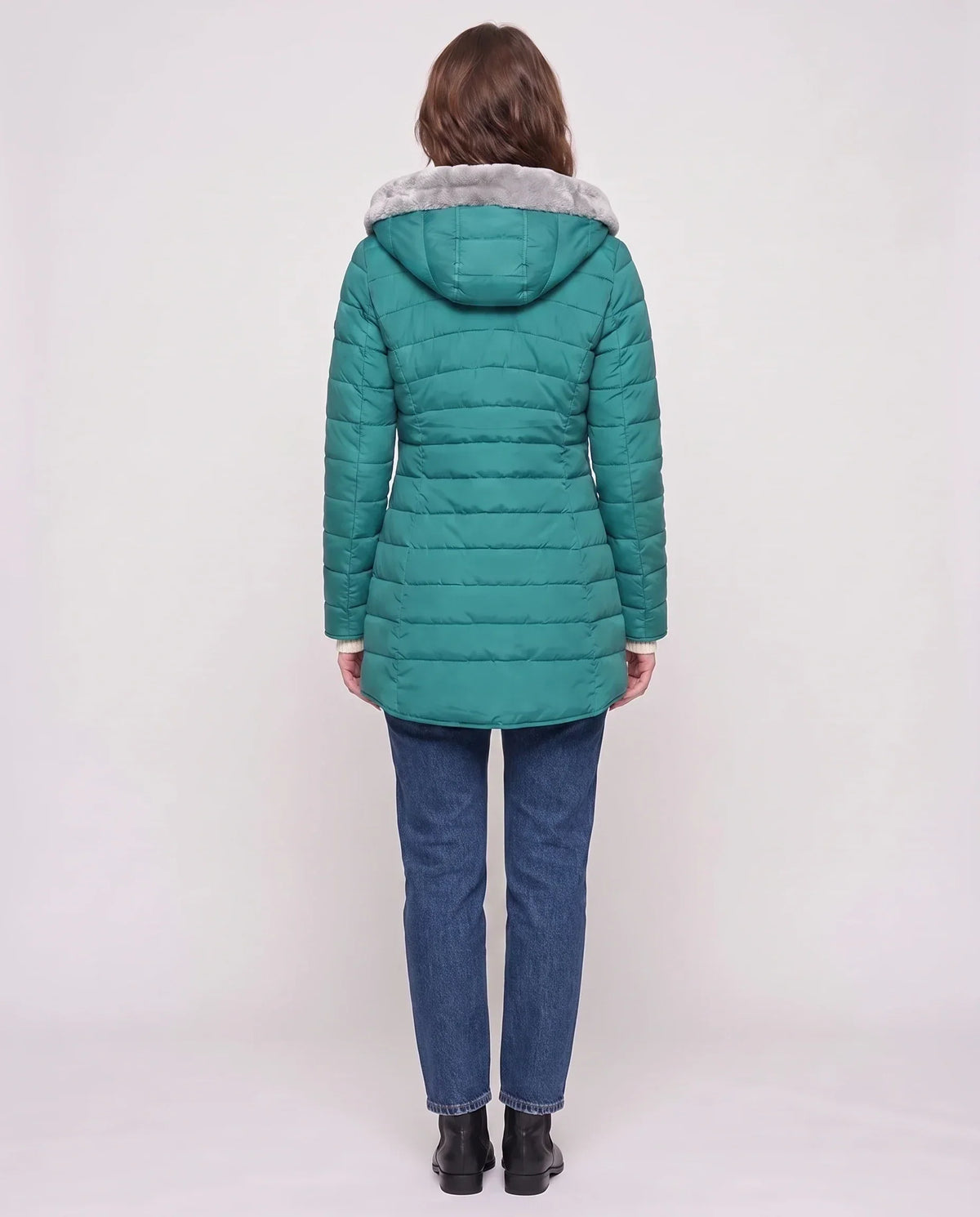 Mid-Length Fleece-Lined Puffer Jacket with Hood