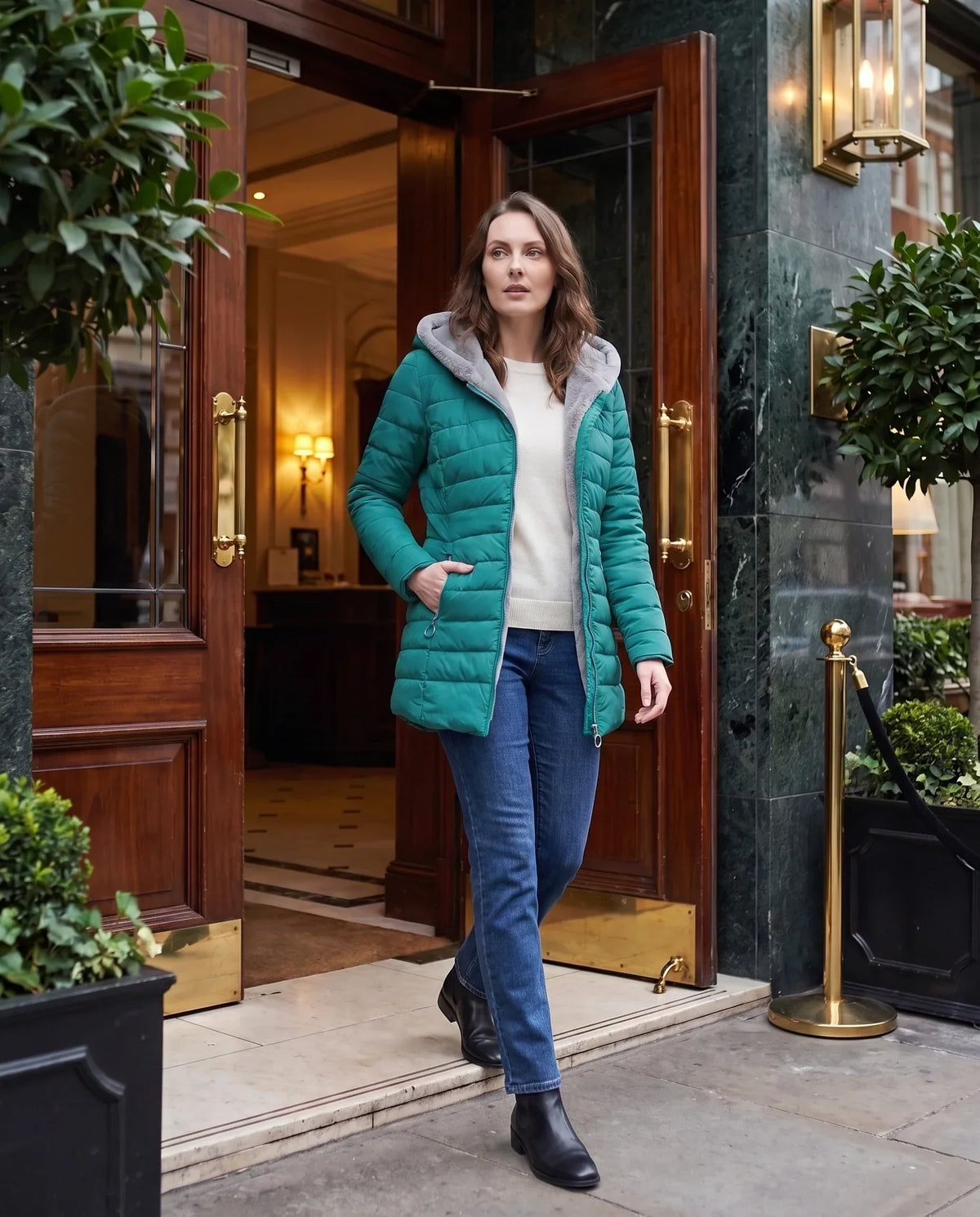 Mid-Length Fleece-Lined Puffer Jacket with Hood