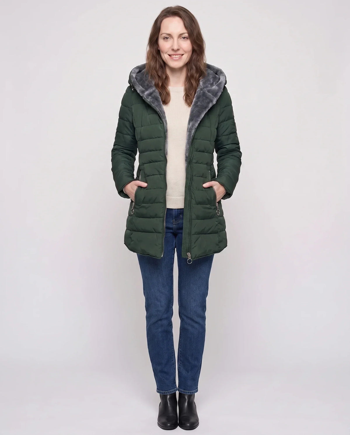 Mid-Length Fleece-Lined Puffer Jacket with Hood