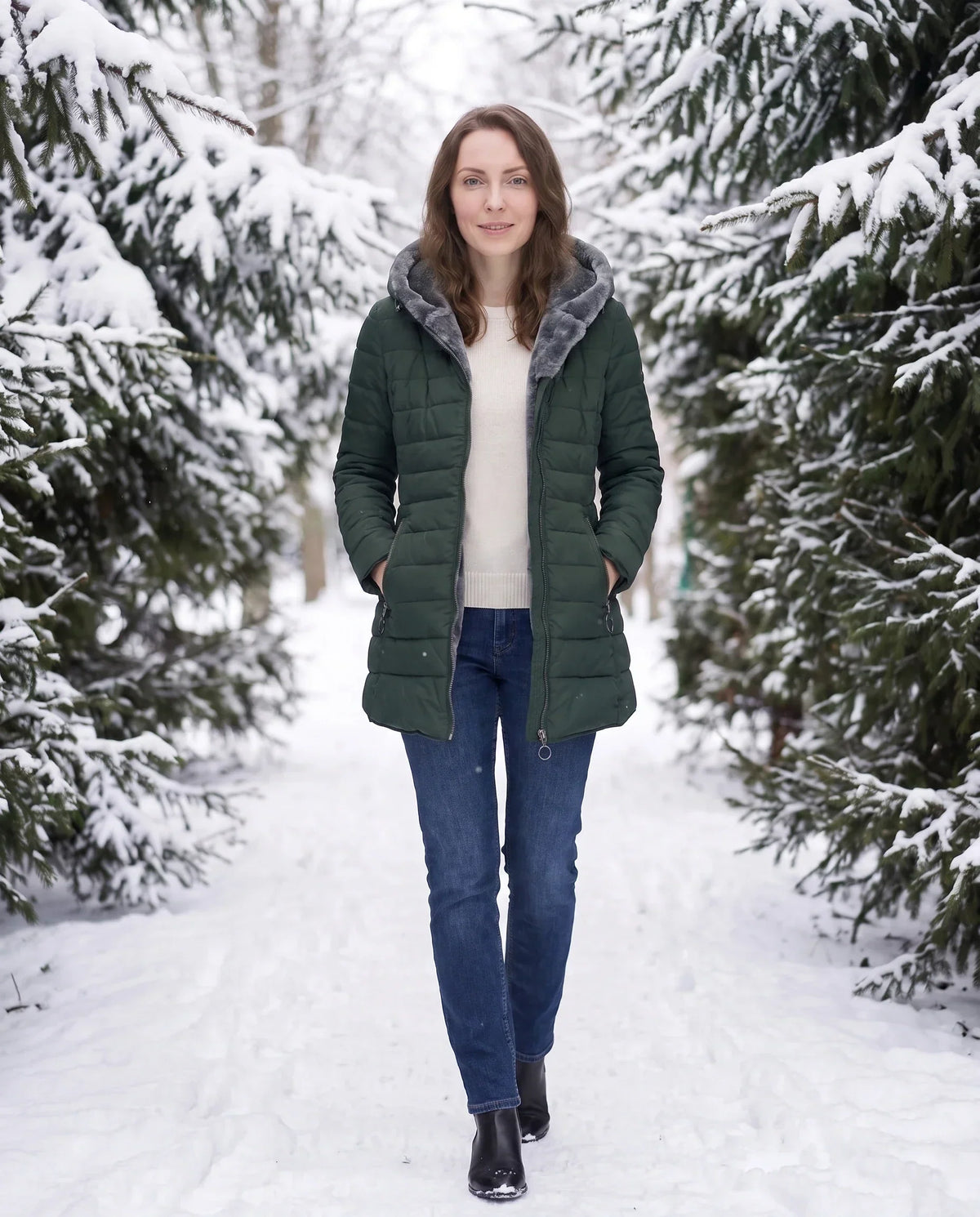 Mid-Length Fleece-Lined Puffer Jacket with Hood