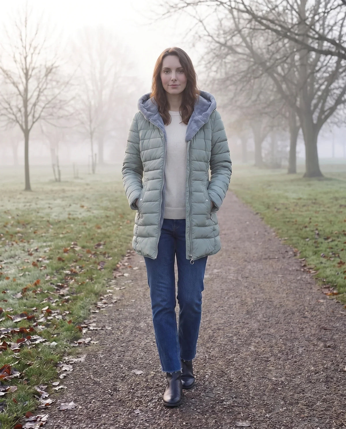 Mid-Length Fleece-Lined Puffer Jacket with Hood