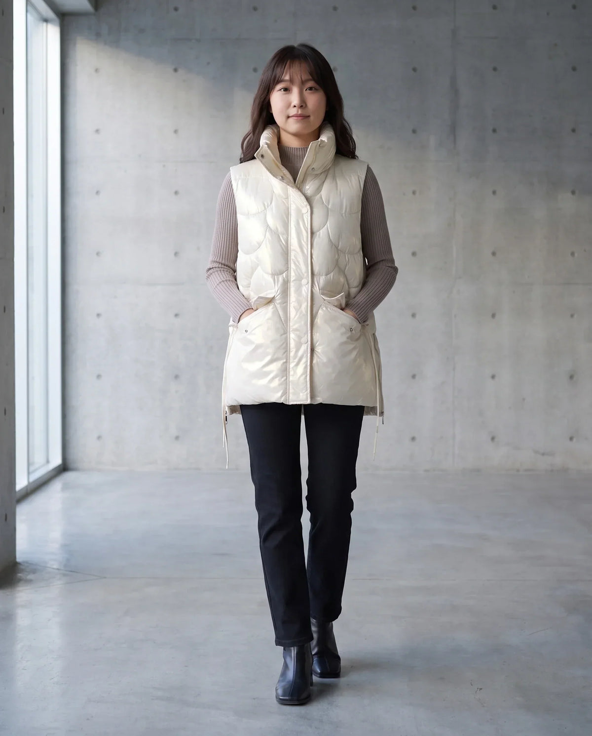 Shiny Puffer Gilet with Funnel Collar