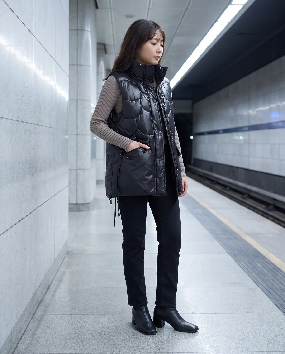 Shiny Puffer Gilet with Funnel Collar