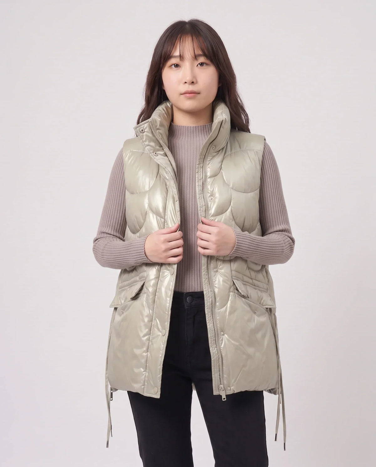 Shiny Puffer Gilet with Funnel Collar