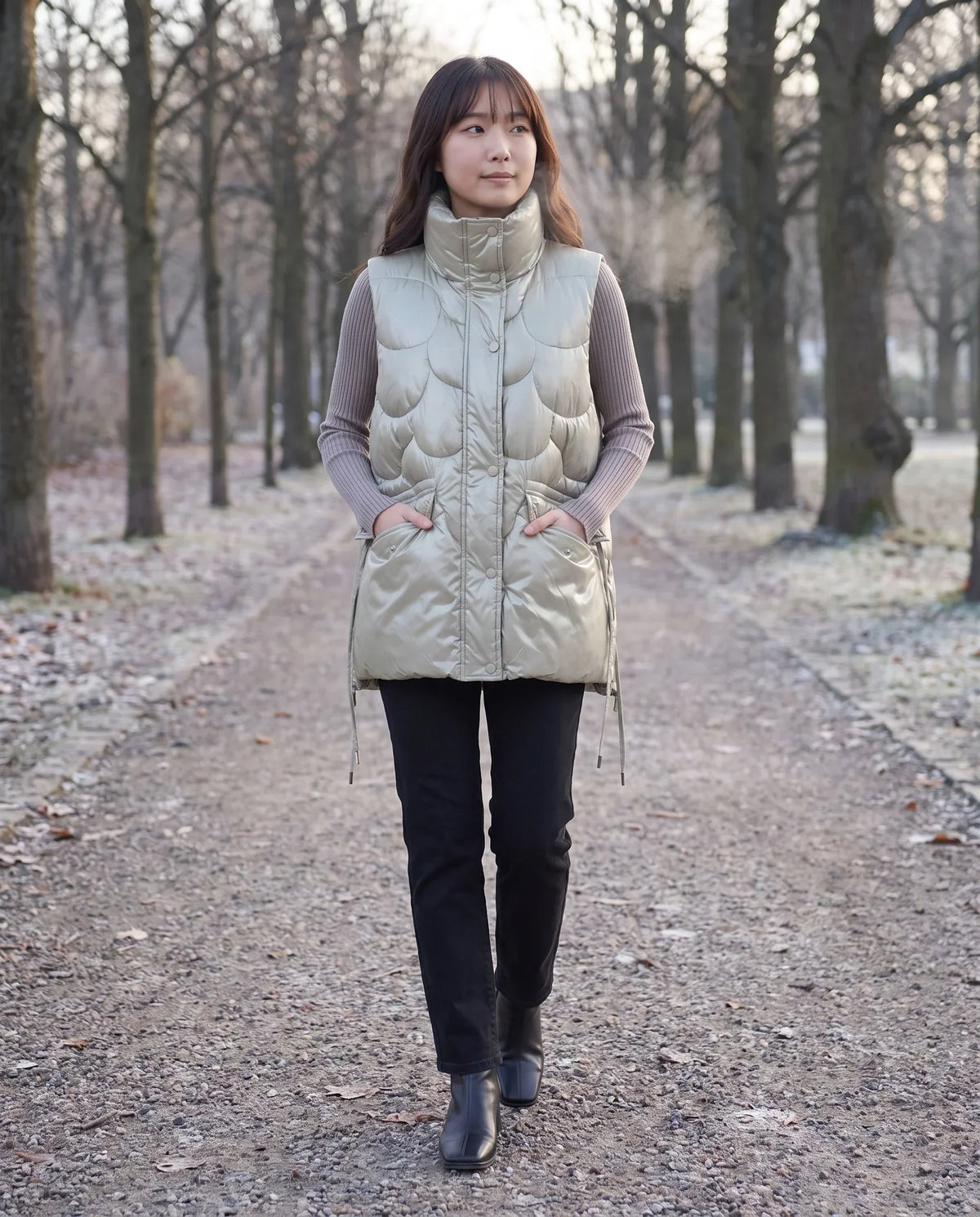 Shiny Puffer Gilet with Funnel Collar