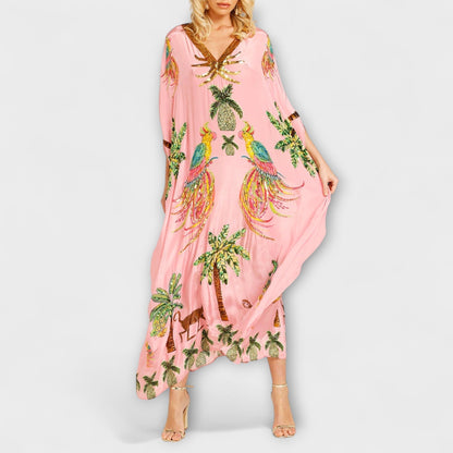 Linda - Chic Asymmetrical Shoulder Dress with Tropical Coconut Tree Design