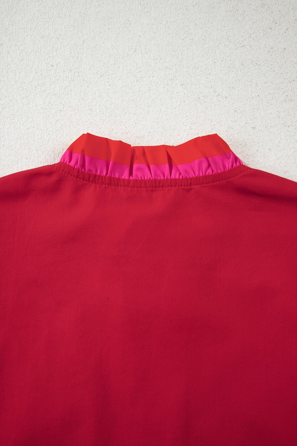 Fire red striped blouse with ruffled collar and short puffed sleeves