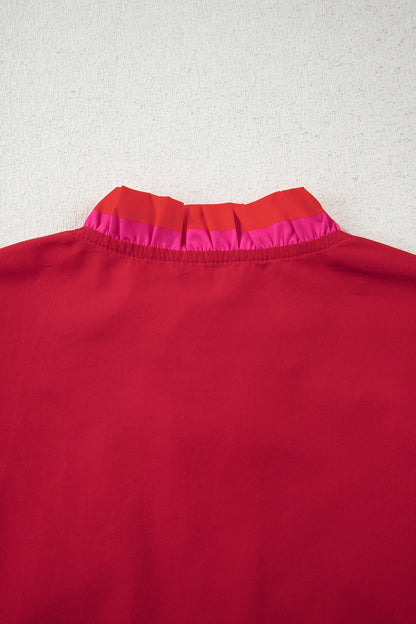 Fire red striped blouse with ruffled collar and short puffed sleeves