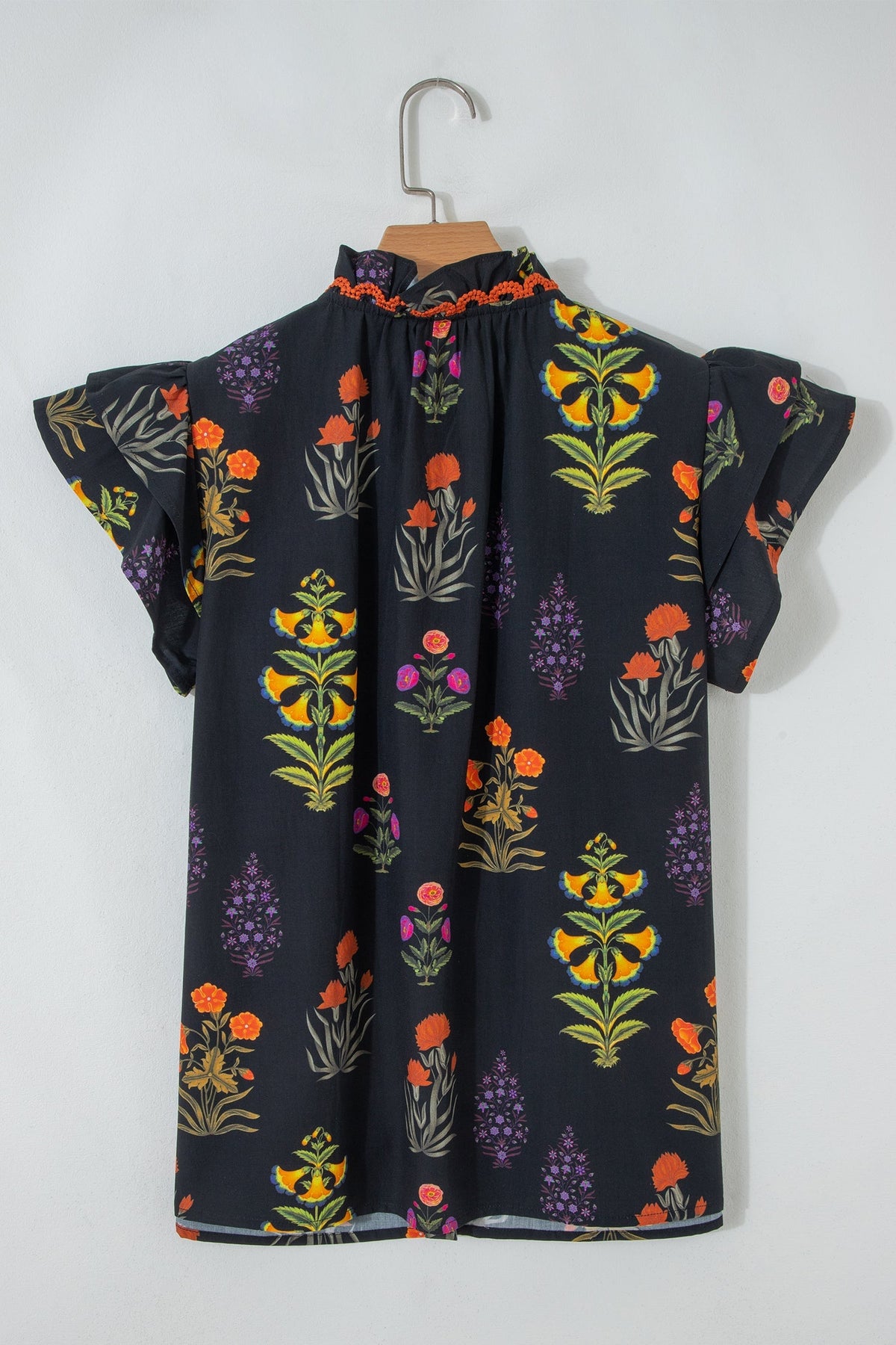 Black Floral Shirt with Lace Trim and V-Neck with Ruffles