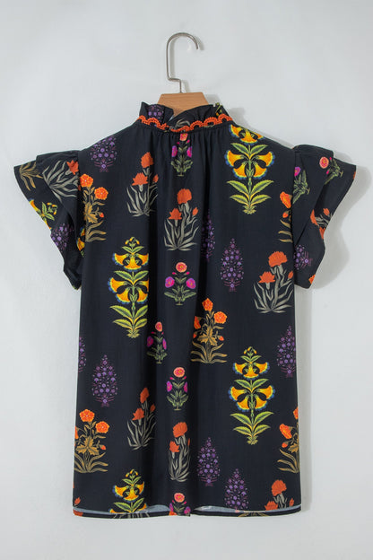 Black Floral Shirt with Lace Trim and V-Neck with Ruffles