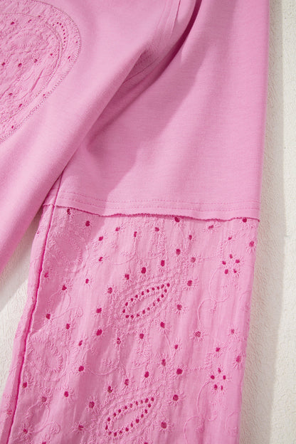 Pink Patchwork Top with Paisley Pattern, Valentine Hearts, and Long Sleeve English Embroidery