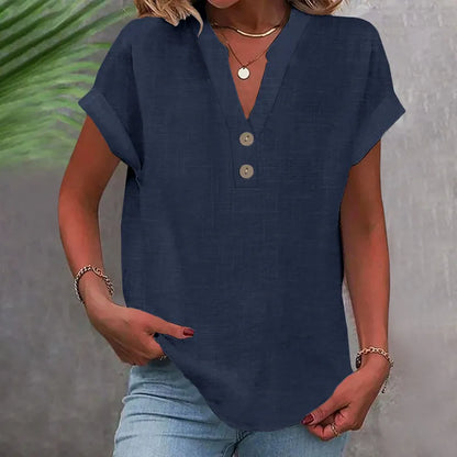 Wide Summer Blouse with V-Neck and Buttons – Short Sleeve and Timeless