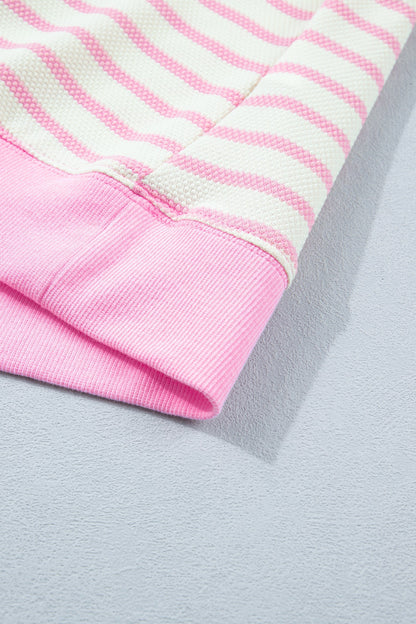 Pink Striped Blouse with Short Ruffled Sleeves and Patchwork