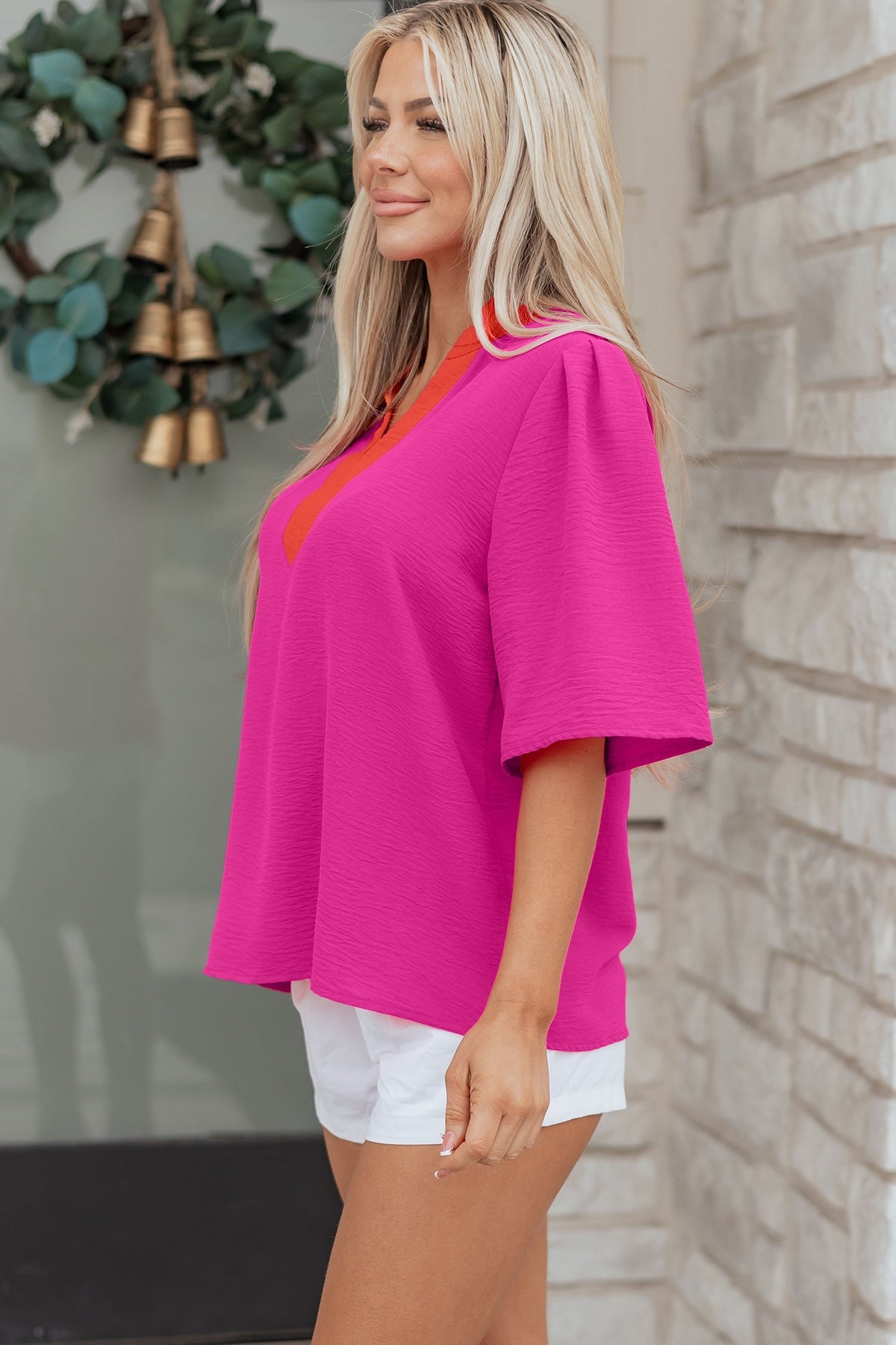 Wide Short Sleeve Top with V-Neck Color Block Red Pink