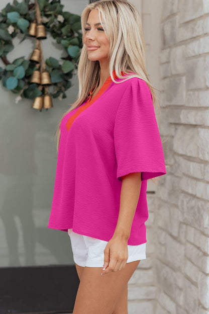 Wide Short Sleeve Top with V-Neck Color Block Red Pink