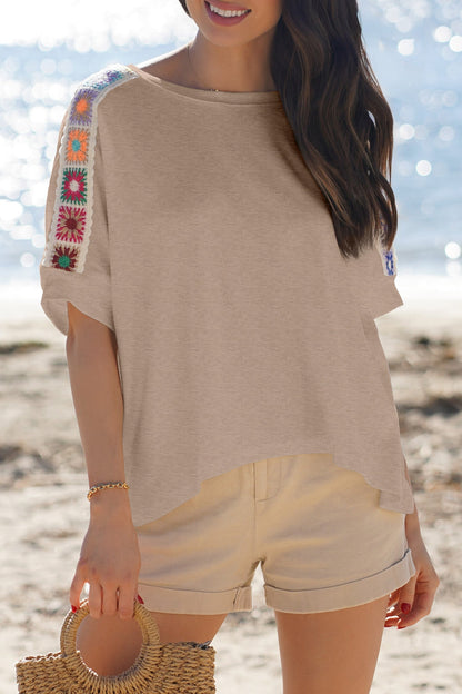 Wide T-shirt with Granny Square crochet detail