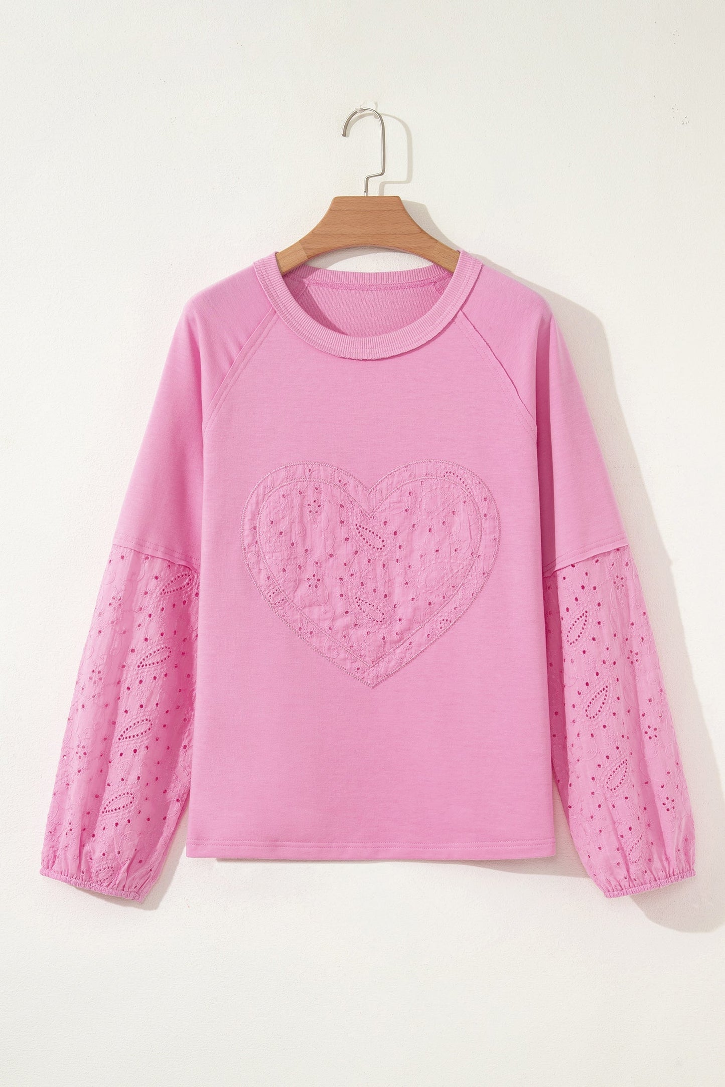 Pink Patchwork Top with Paisley Pattern, Valentine Hearts, and Long Sleeve English Embroidery