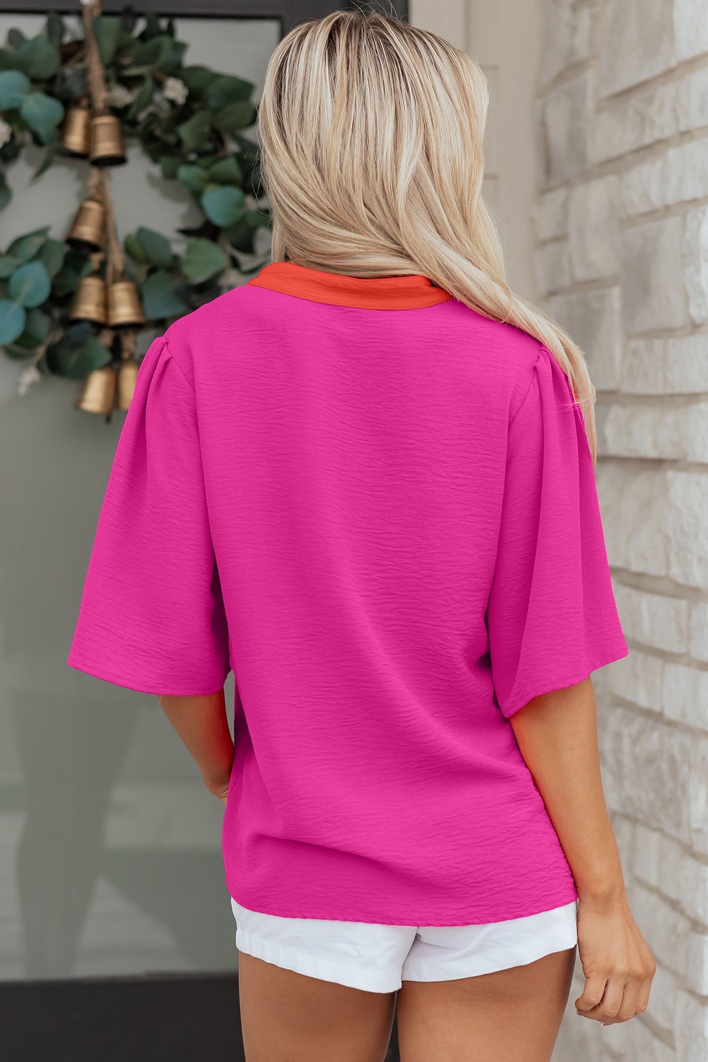Wide Short Sleeve Top with V-Neck Color Block Red Pink