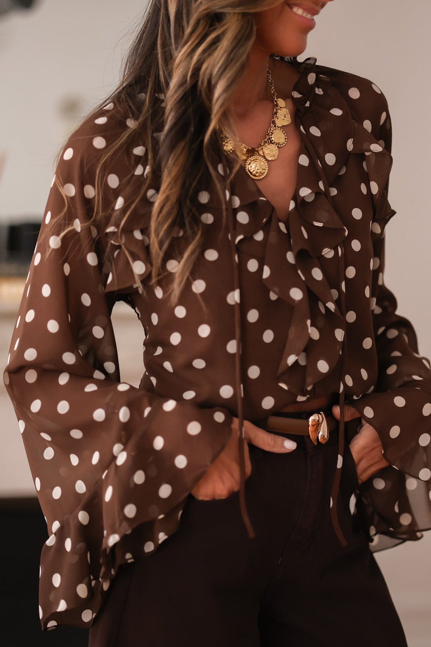Polka Dot Blouse with Ruffles, V-Neck, and Bell Sleeves - Coffee