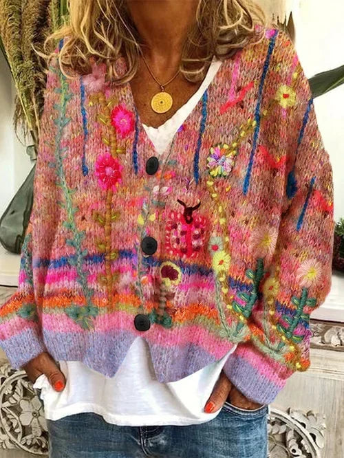 June-Dawn Floral Embroidered V-Neck Cardigan