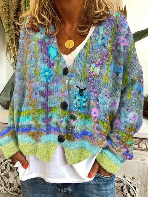 June-Dawn Floral Embroidered V-Neck Cardigan
