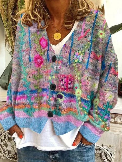 June-Dawn Floral Embroidered V-Neck Cardigan