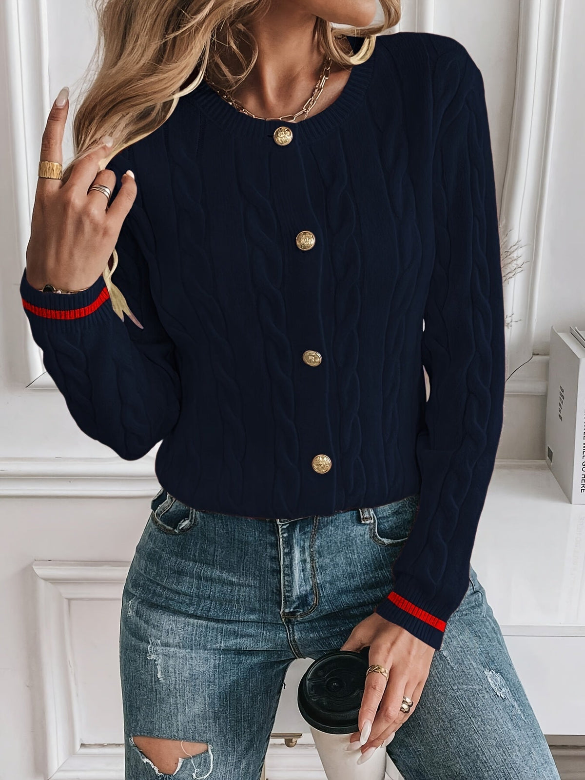 Greta Gold Button Cable Cardigan