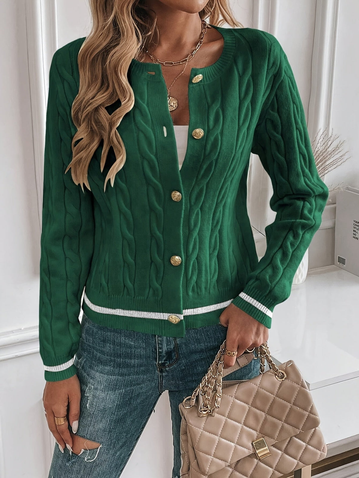 Greta Gold Button Cable Cardigan