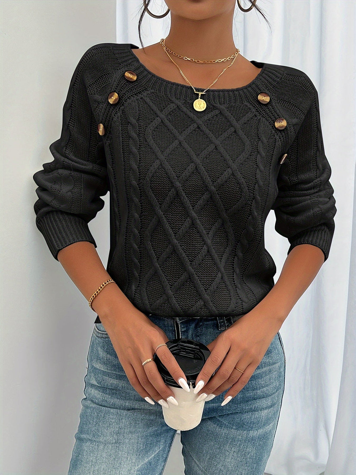 Maren Shoulder Button Cable Sweater