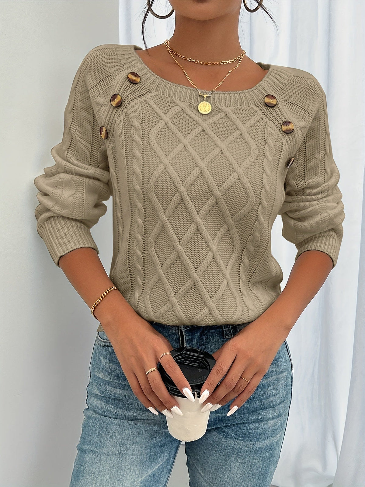 Maren Shoulder Button Cable Sweater