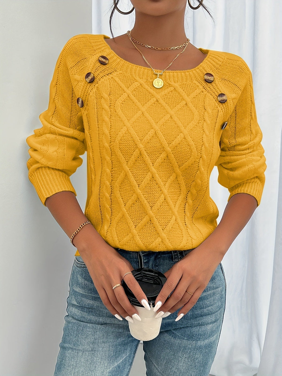 Maren Shoulder Button Cable Sweater