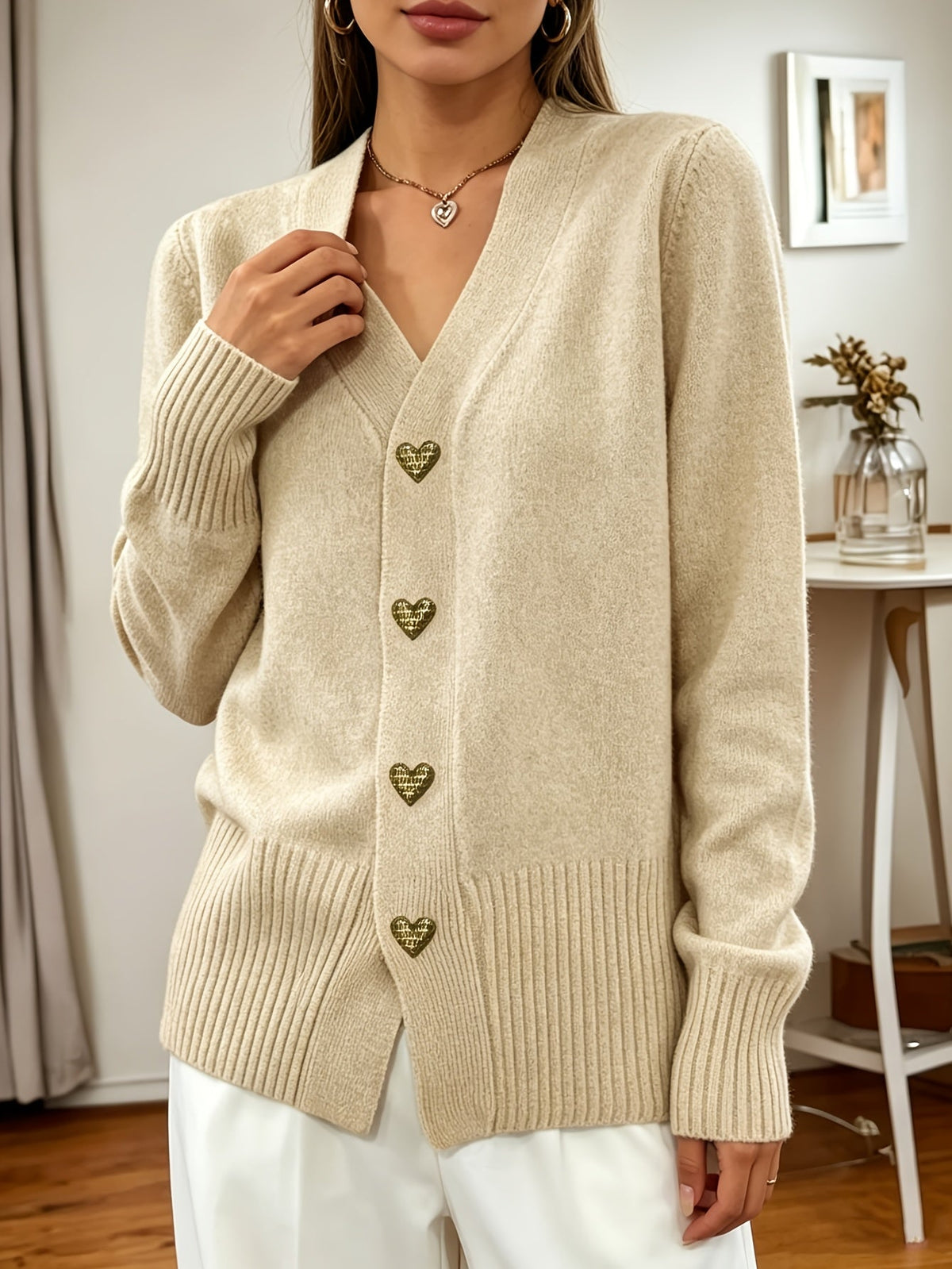 Carys Heart Button V-Neck Cardigan