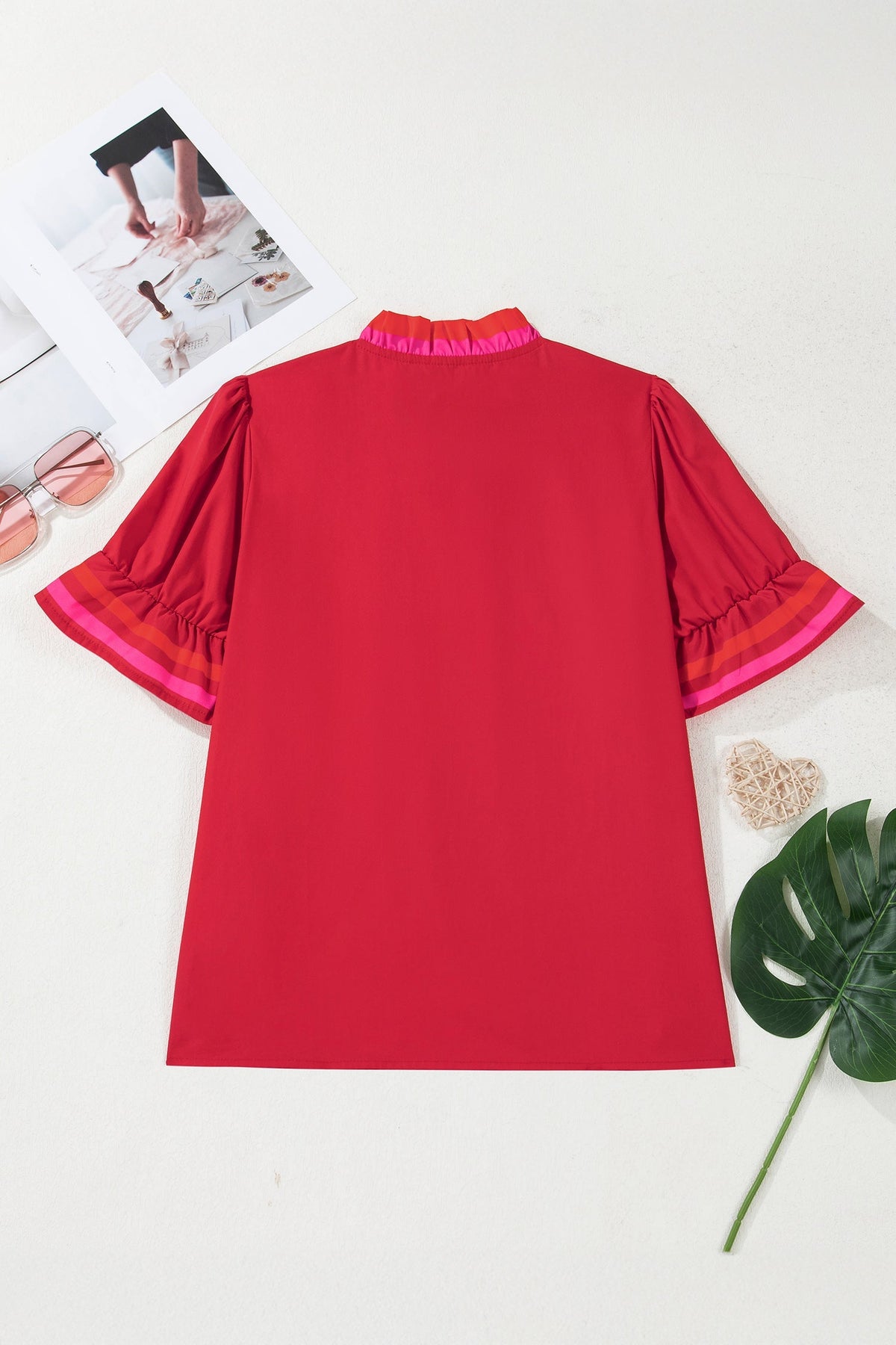 Fire red striped blouse with ruffled collar and short puffed sleeves