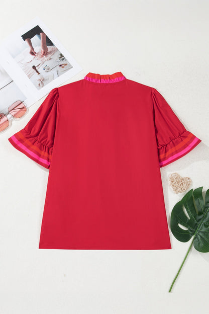 Fire red striped blouse with ruffled collar and short puffed sleeves