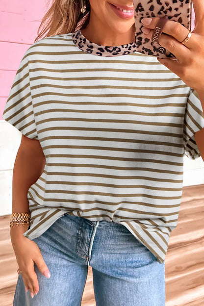 Wide crew neck T-shirt with khaki stripes and leopard patchwork