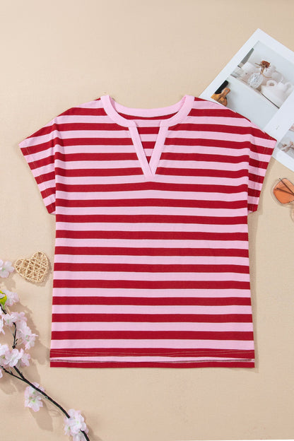 Pink Striped Casual T-shirt with V-Neck