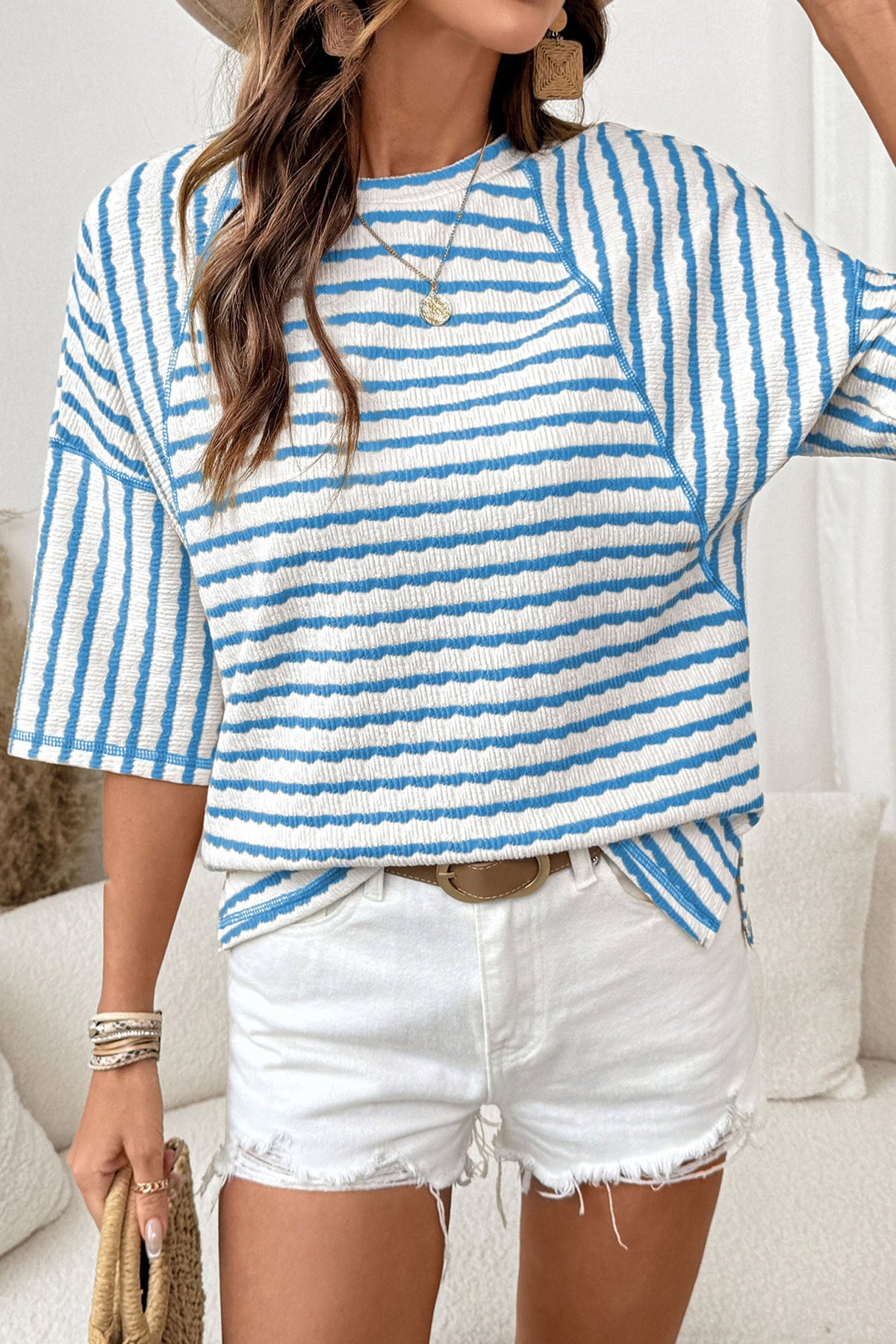 Long Striped Top in Structured Knit with Slit and Mid-Length Sleeves