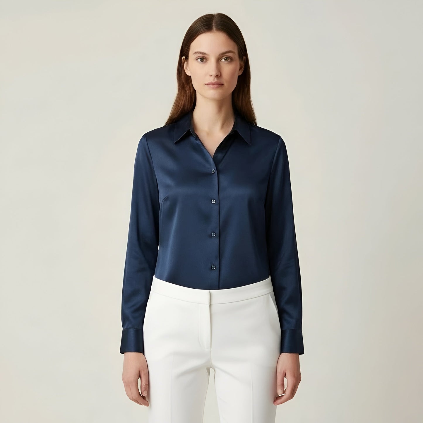 Women's satin shirt with buttons, long sleeves, elegant office blouse for women