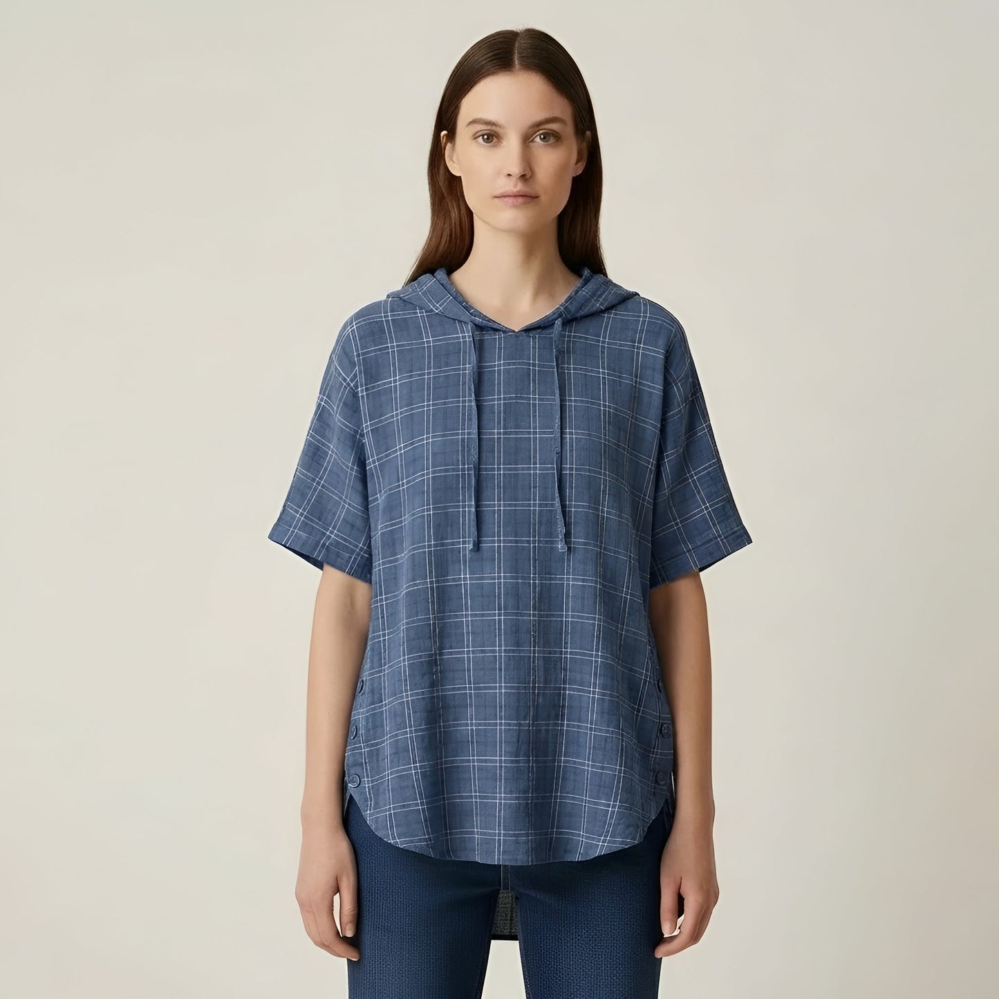 Women's Oversize Cotton Blouse Short Sleeve Casual Loose Tunic with Buttons