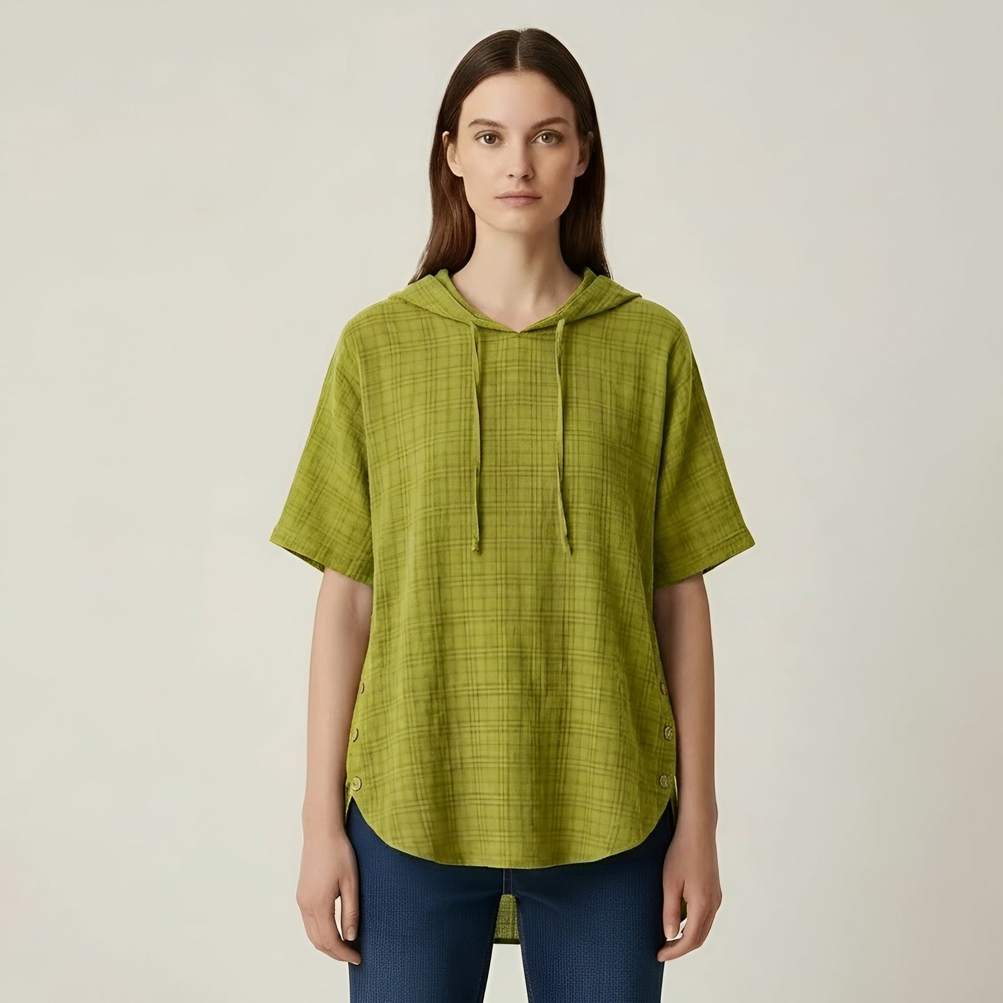 Women's Oversize Cotton Blouse Short Sleeve Casual Loose Tunic with Buttons