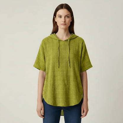 Women's Oversize Cotton Blouse Short Sleeve Casual Loose Tunic with Buttons