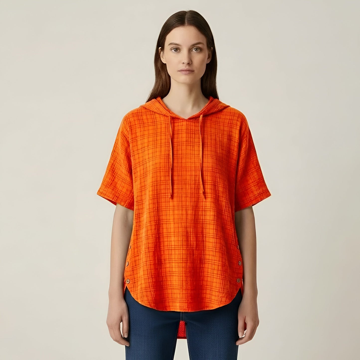 Women's Oversize Cotton Blouse Short Sleeve Casual Loose Tunic with Buttons