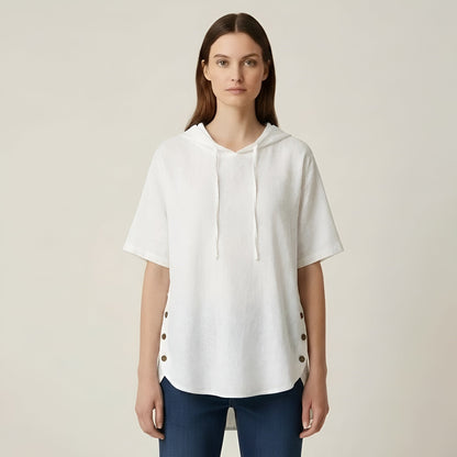 Women's Oversize Cotton Blouse Short Sleeve Casual Loose Tunic with Buttons